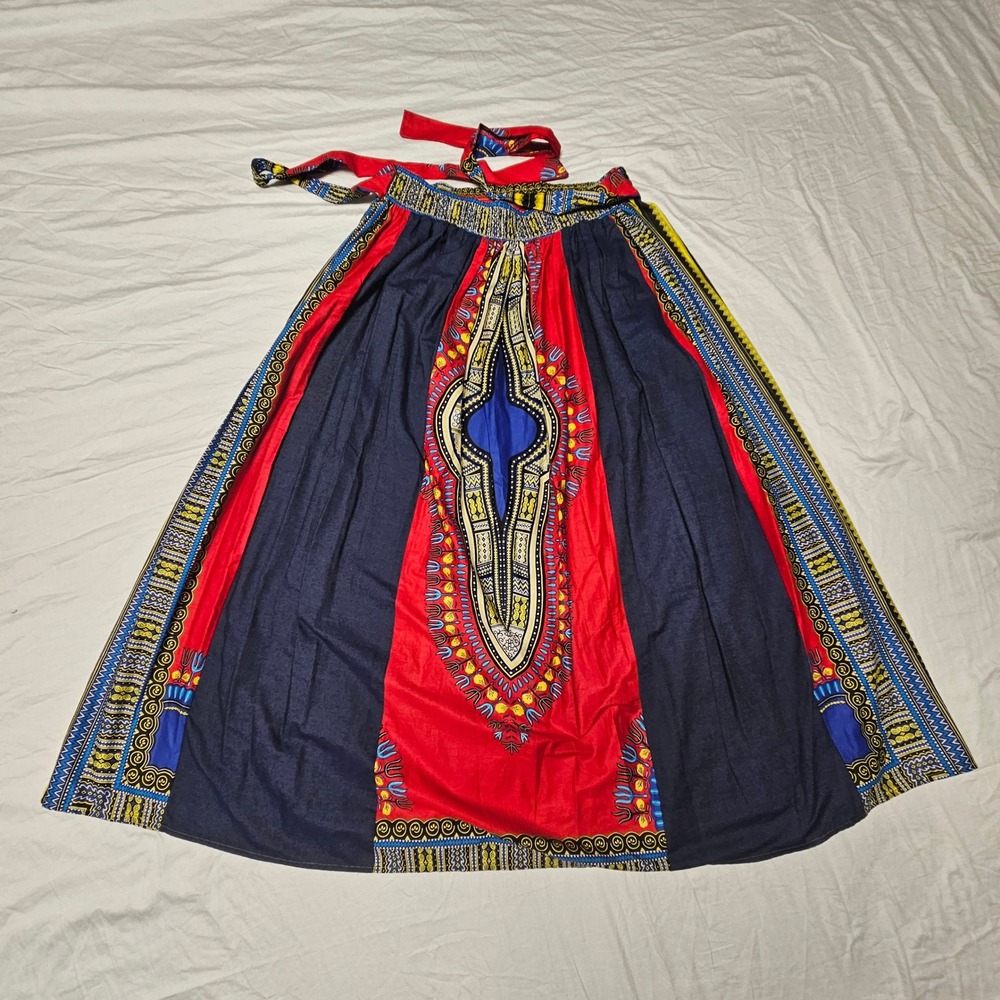 Touch Me Dashiki Maxi Skirt Womens 1X Red Blue African Print Cotton SK5010X